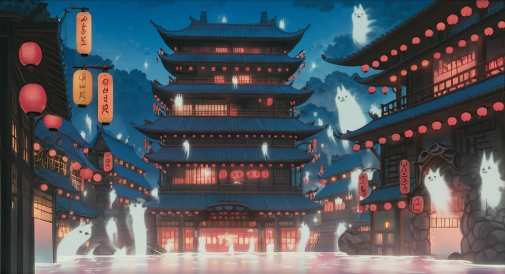 Une auberge thermale mystérieuse la nuit, avec des lanternes et des esprits, inspirée par 'Le Voyage de Chihiro'.