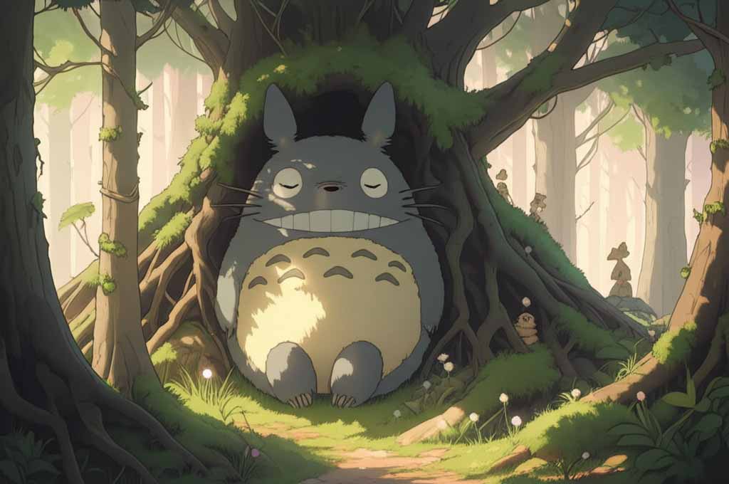 Une forêt mystique avec des esprits Kodama et des arbres anciens, inspirée par 'Princesse Mononoké'.