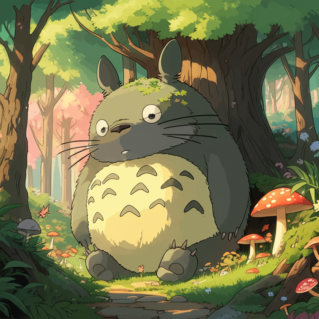 Une forêt magique où sommeille sous un arbre une créature géante ressemblant à Totoro.