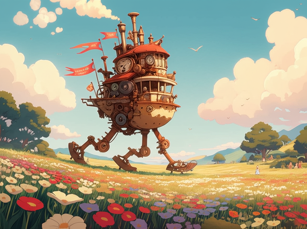 Un château mouvant steampunk se promenant dans un champ de fleurs.