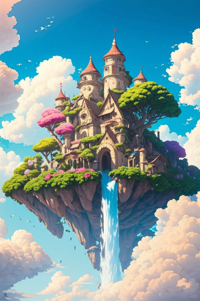 Un château flottant dans le ciel et de riches jardins, un paysage inspiré par 'Le Château dans le ciel'.