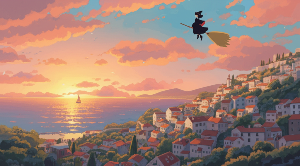 Une jeune sorcière volant au-dessus d'une ville côtière européenne au crépuscule.